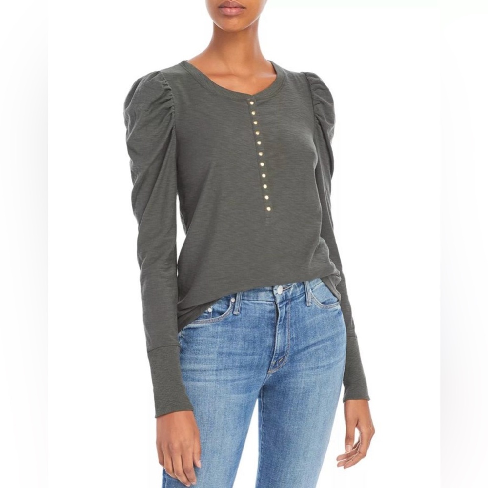 NATION Long Sleeve Henley Top with Ruched Shoulders - Olive